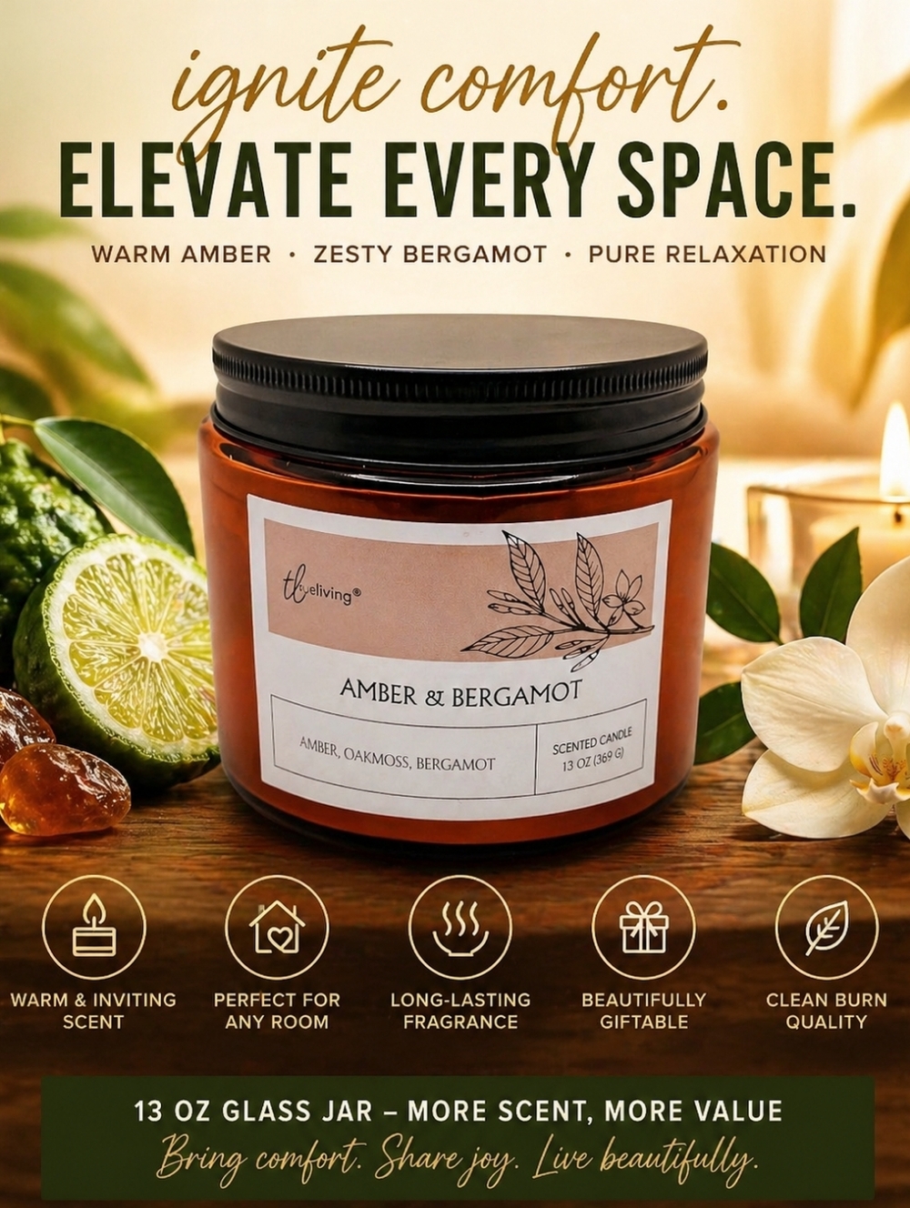 Amber & Bergamot Scented Candle – 13 oz – Warm, Cozy, Long-Lasting Aroma 🍂